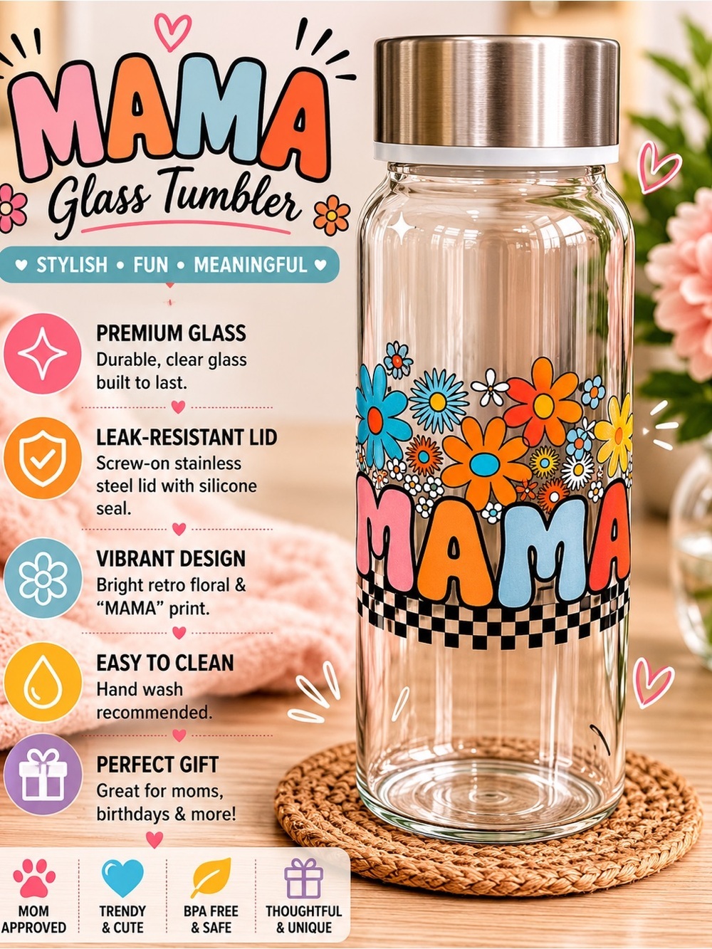 Hand Crafted MAMA Glass Tumbler — Pink, Orange, Blue, Yellow Floral